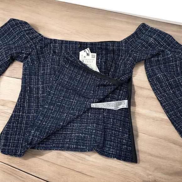 NWT ZARA Tweed Textured Off Shoulder Top Flare Long Sleeves size S - Picture 11 of 11